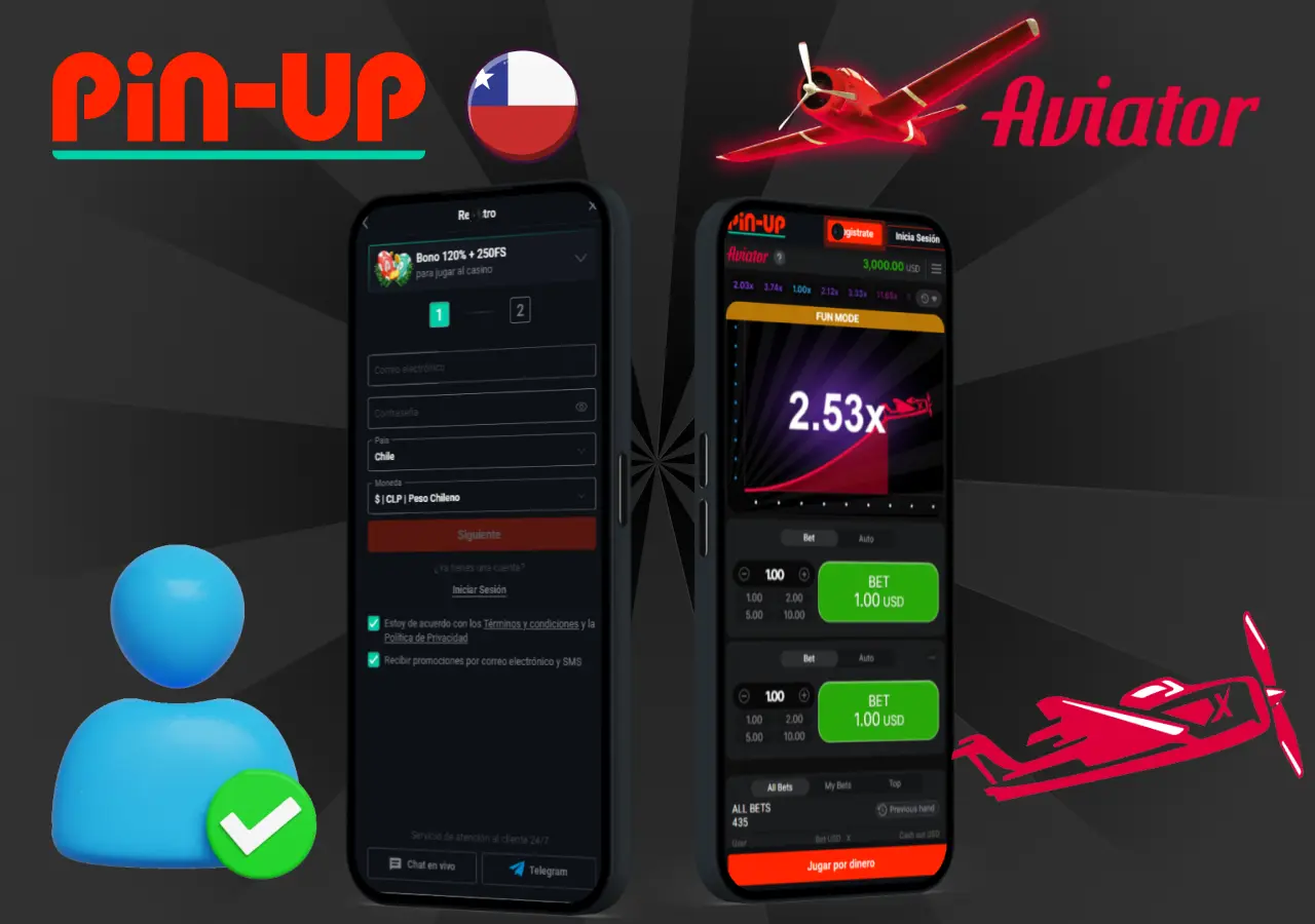 Proceso de registro y pantalla del juego Aviator en Pin-Up Chile en un dispositivo móvil